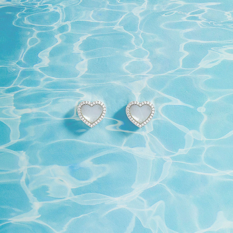 White Nacre Heart Stud Earrings - silver