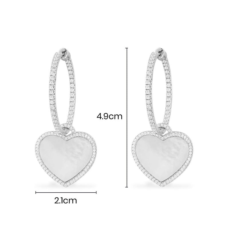 Hoop Earrings with White Nacre Heart - silver