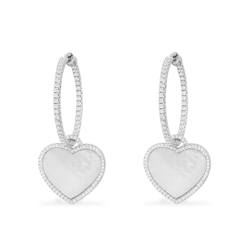 Hoop Earrings with White Nacre Heart - silver