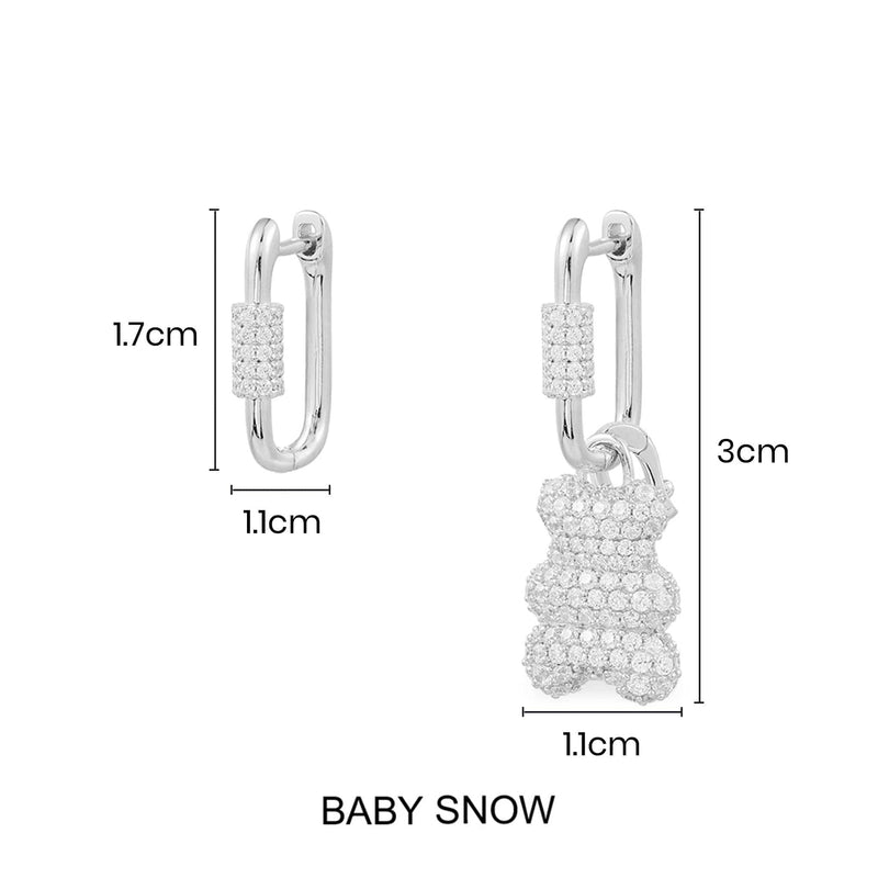 Baby Snow Yummy Bear (Clippable) Asymmetric Hoop Earrings – Silver