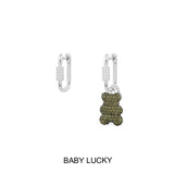 Baby Lucky Yummy Bear (Clippable) Asymmetric Hoop Earrings – Silver