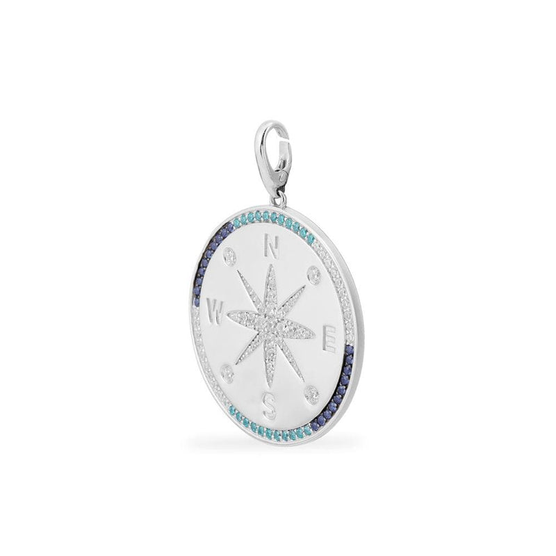 Compass Medal with Navy & Lagoon Stones (Clippable) -  White Silver