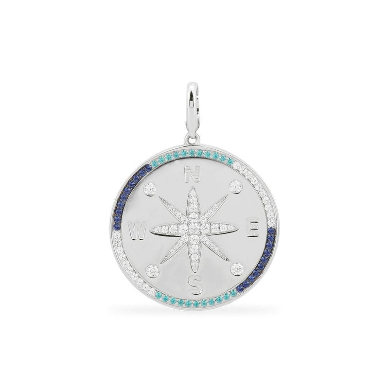 Compass Medal with Navy & Lagoon Stones (Clippable) -  White Silver