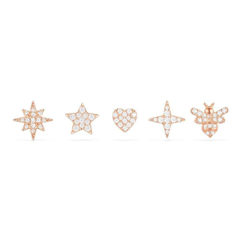 Stars And Bee Studs Set - Pink Silver