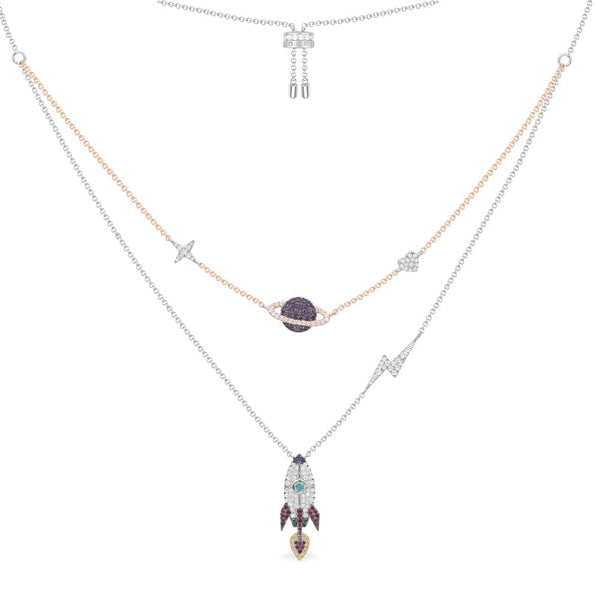 Purple Planet and Rocket Adjustable Duo Necklace - silver