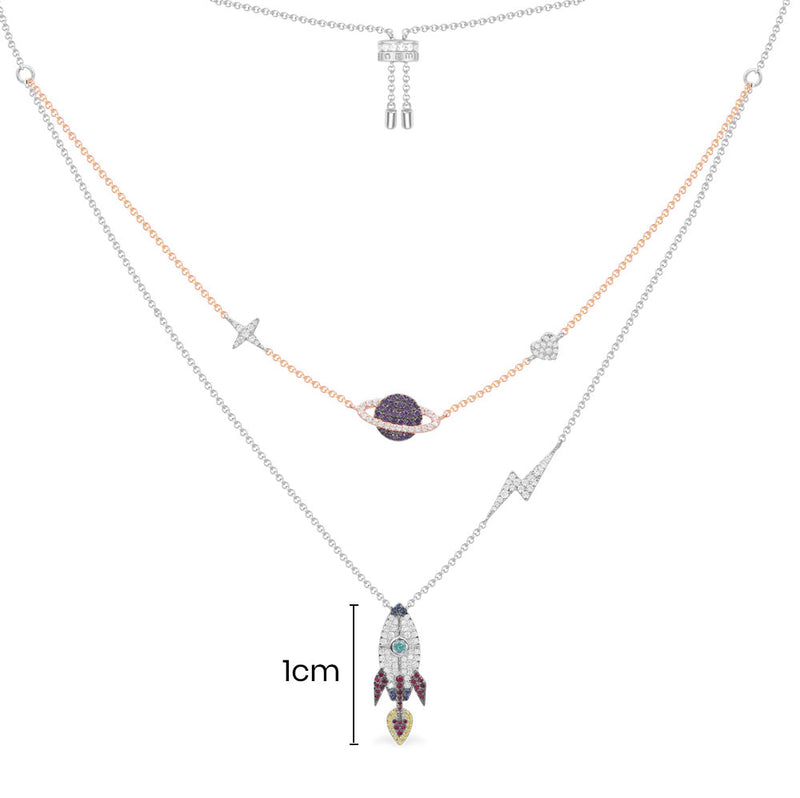 Purple Planet and Rocket Adjustable Duo Necklace - silver