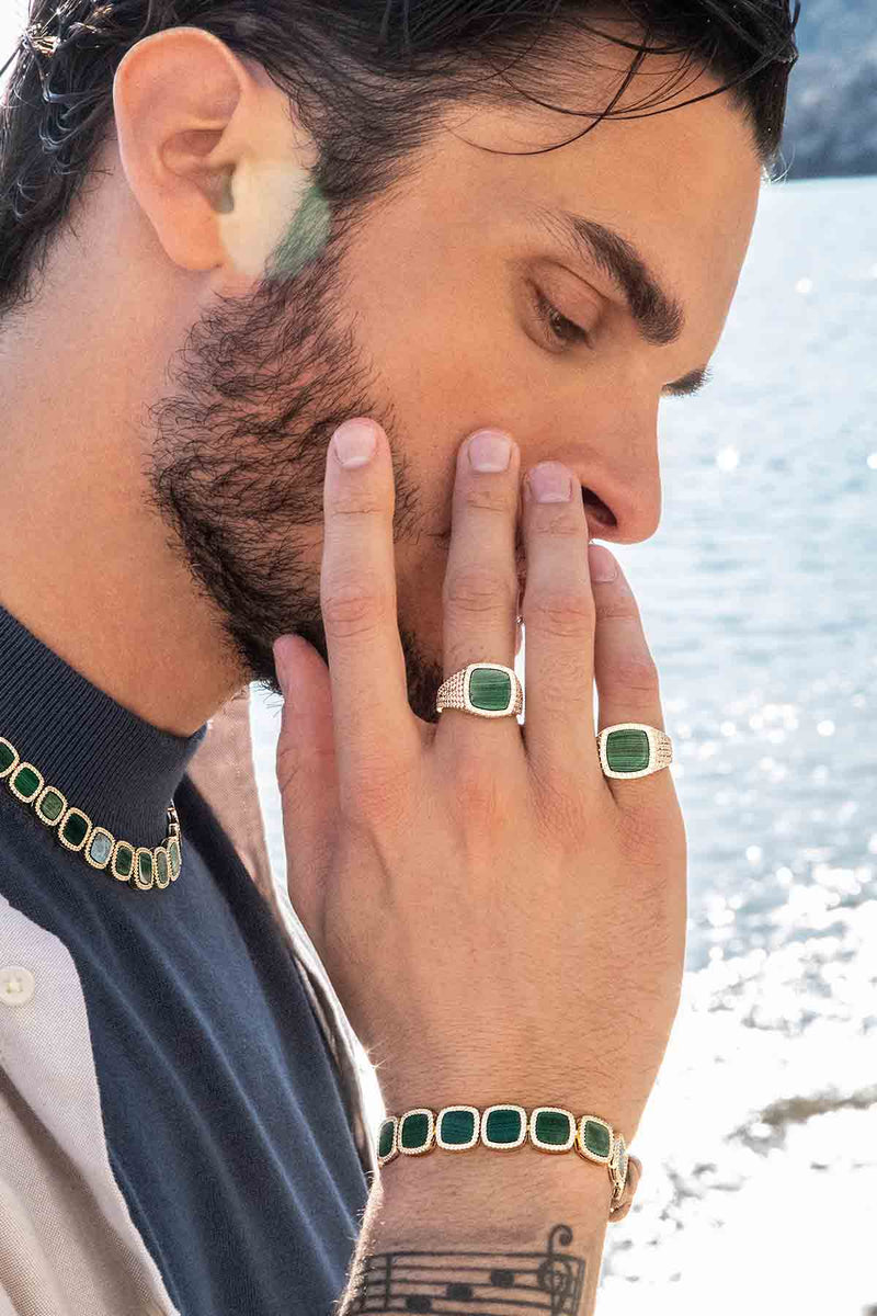 APM Monaco Malachite Signet Ring in Yellow Silver