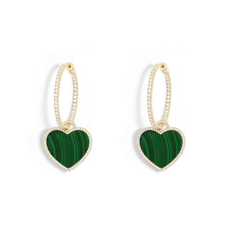 Pavé Hoop Earrings with Malachite Heart