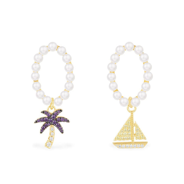 Asymmetric Pearls Earrings with Palm Tree & Sailboat