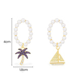 Asymmetric Pearls Earrings with Palm Tree & Sailboat