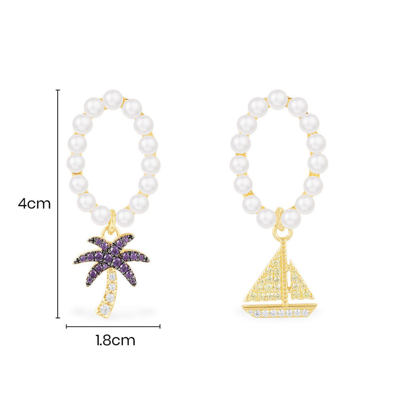 Asymmetric Pearls Earrings with Palm Tree & Sailboat