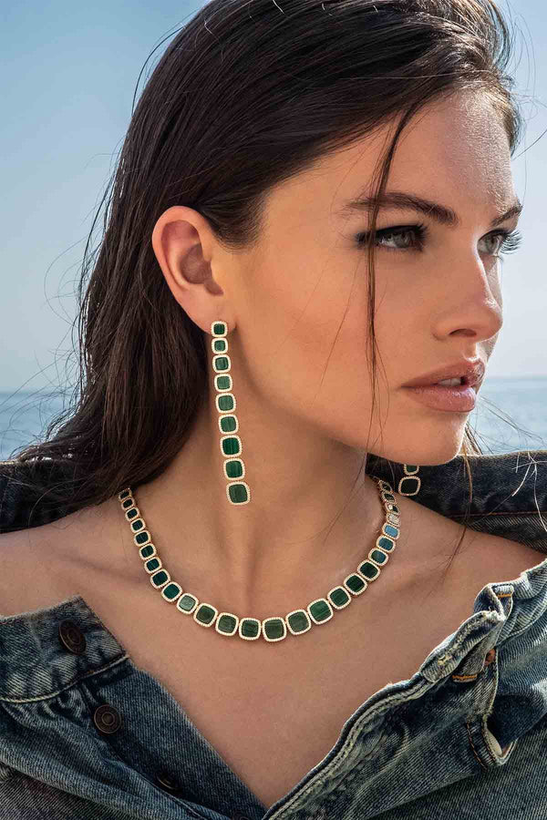 APM Monaco Long Malachite Earrings in Yellow Gold