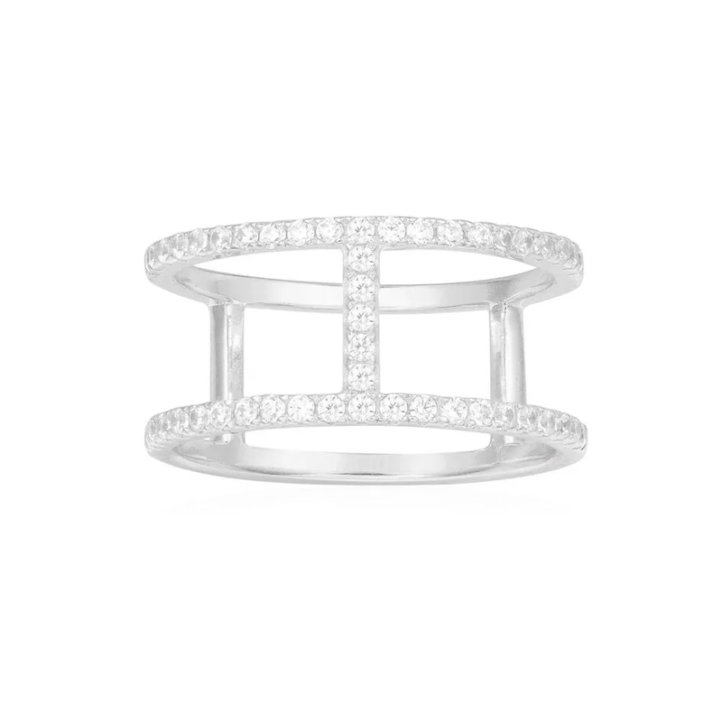 Double Line Paved Ring - White Silver