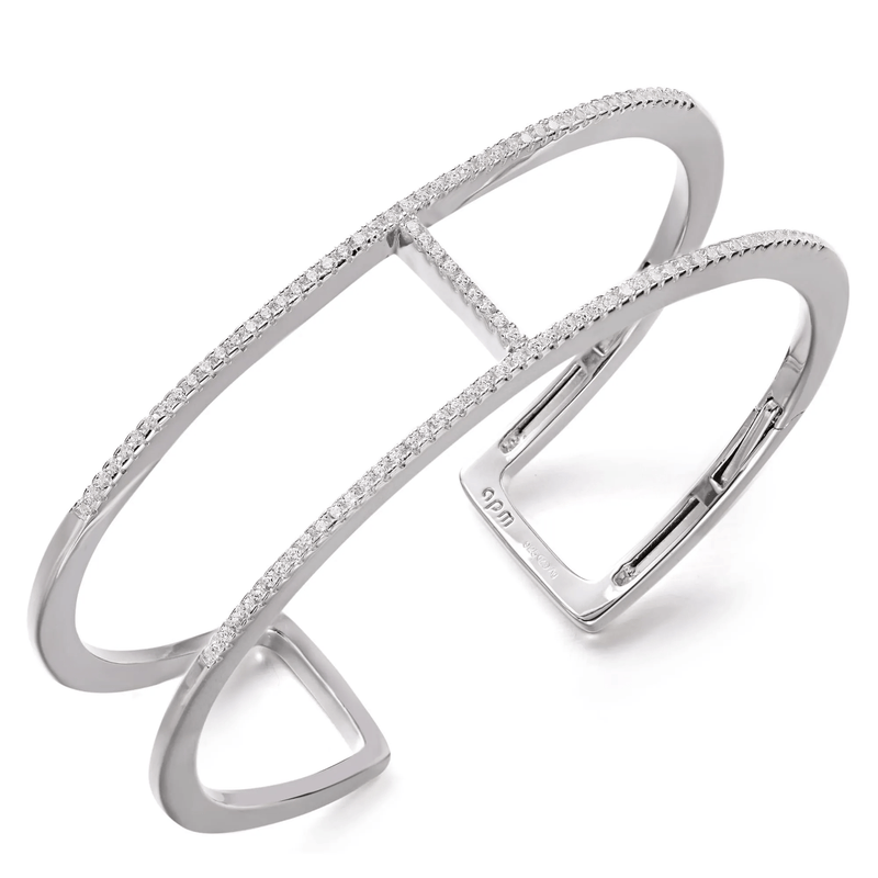 Double Line Paved Open Cuff - White Silver