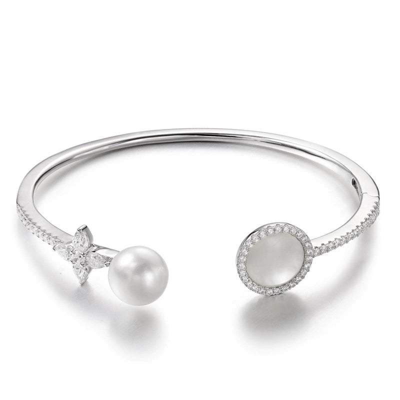 White Nacre and Pearl Open Cuff - White Silver