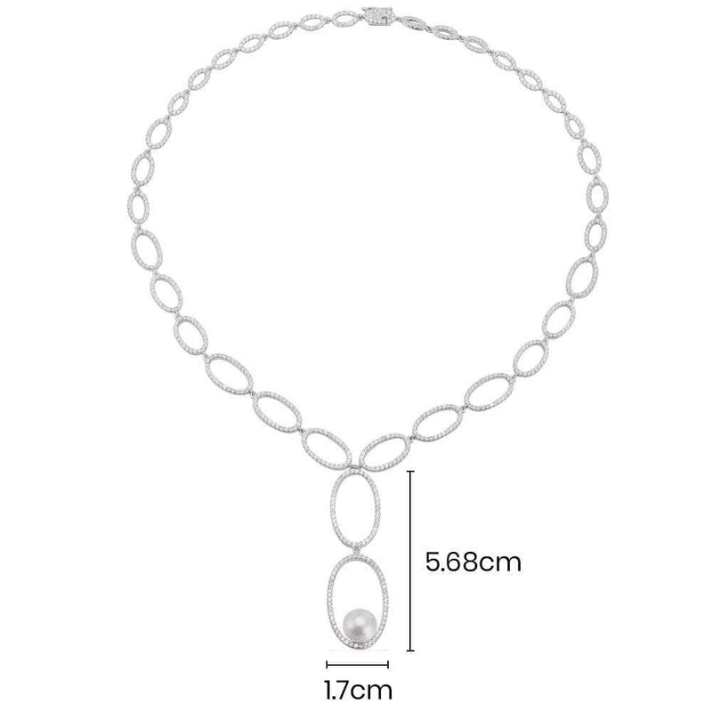 Paved Necklace with Pearl Pendant - White Silver