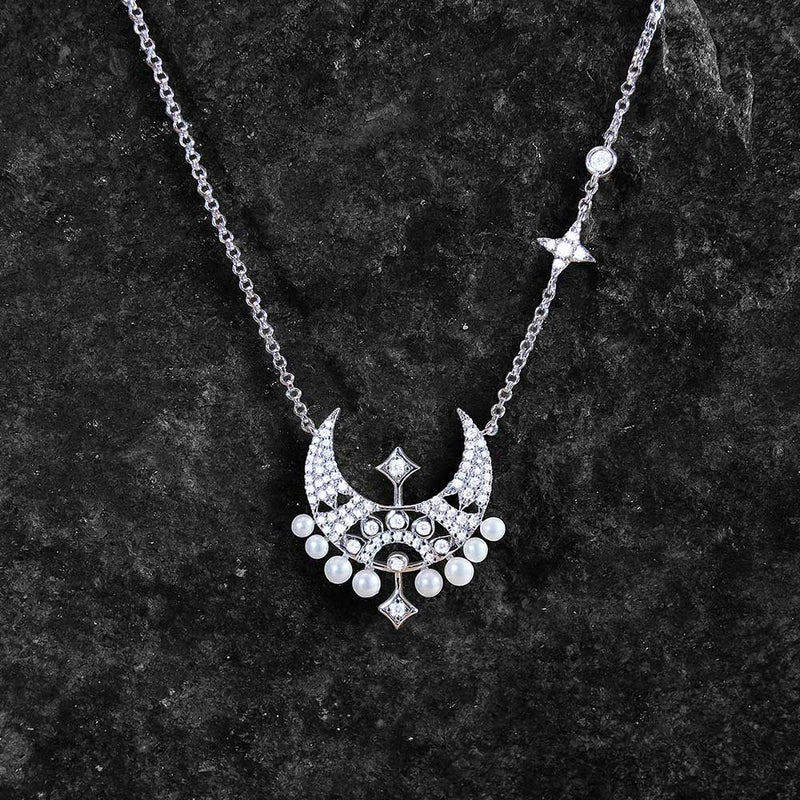 Moon & Stars Adjustable Necklace - White Silver