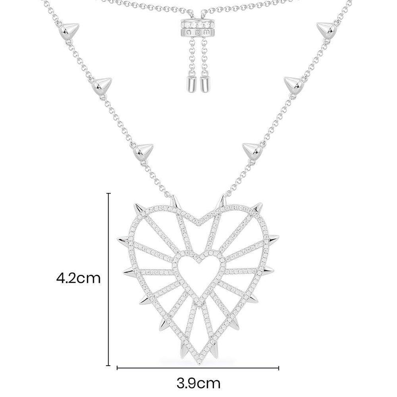 Spiked Geometric Heart Adjustable Necklace - White Silver