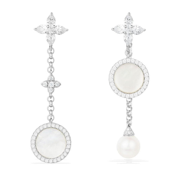 Asymmetric White Nacre and Pearl Drop Earrings - White Silver