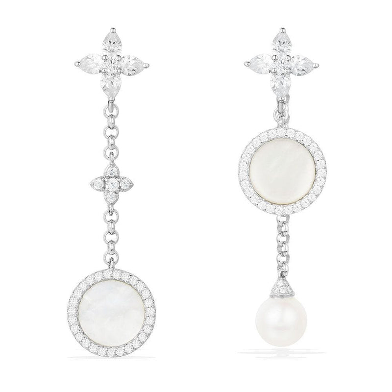 Asymmetric White Nacre and Pearl Drop Earrings - White Silver