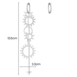 Long Asymmetric Sun Pendant Earring and Hoop - White Silver