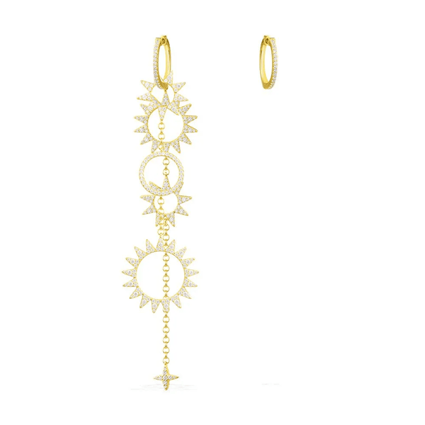 Asymmetric Long Sun Pendants Earring and its Hoop - Yellow Silver