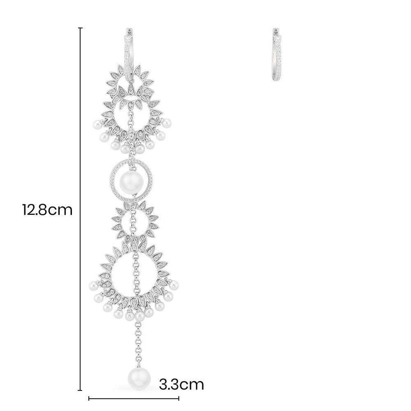 Long Asymmetric Sun Pendant Earring with Pearls and Hoop - White Silver