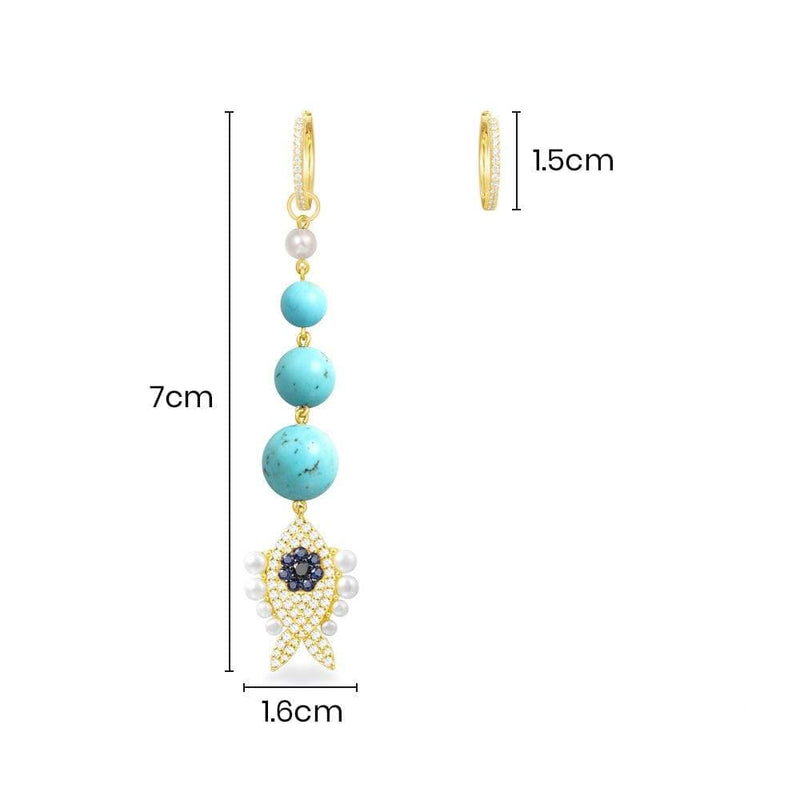 Asymmetric Turquoise Fish Earring and Hoop - Yellow Silver