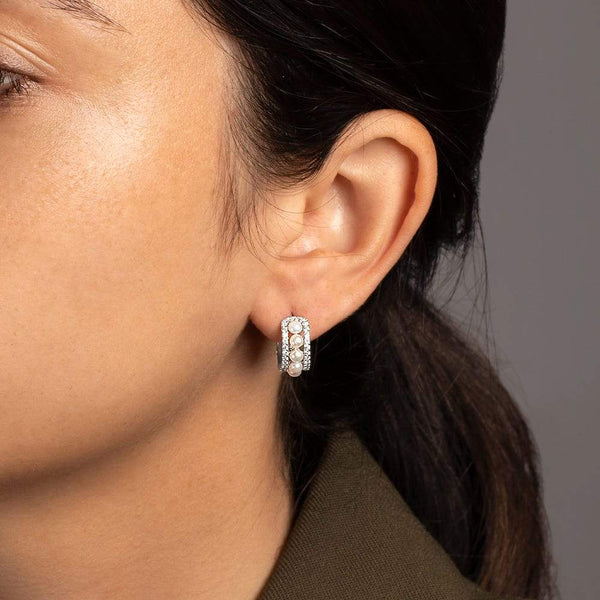 APM Monaco Small Double Paved Hoop Earrings with Pearls in white silver