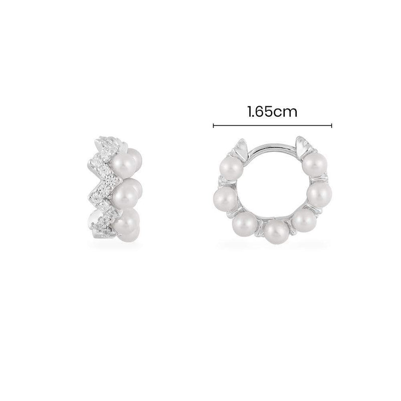 Small Up and Down Hoop Earrings with Pearls - White Silver