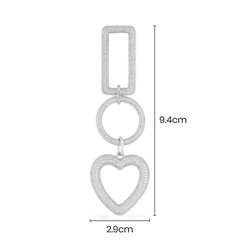 Single Rectangle Circle and Heart Drop Earring - White Silver