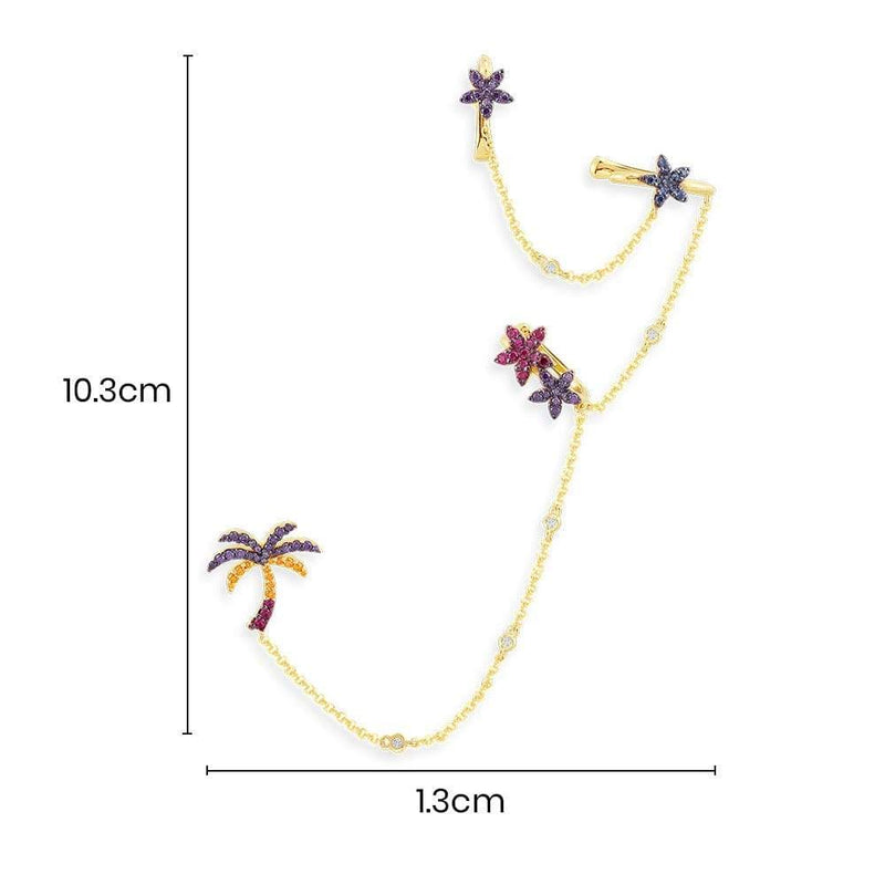 Single Tropical Floral and Palm Tree Ear Cuff - Yellow Silver