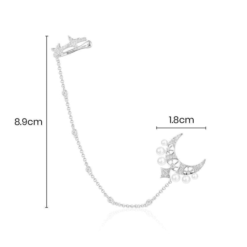 Single Moon & Stars Ear Cuff with Pearls - White Silver