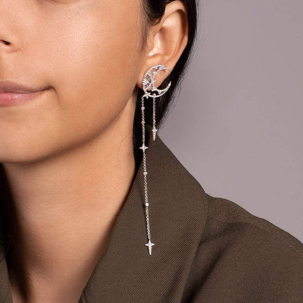 APM Monaco Long Single Moon & Stars Drop Earring in white silver