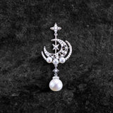 Single Moon & Stars Earring with Drop Pearl - Silver