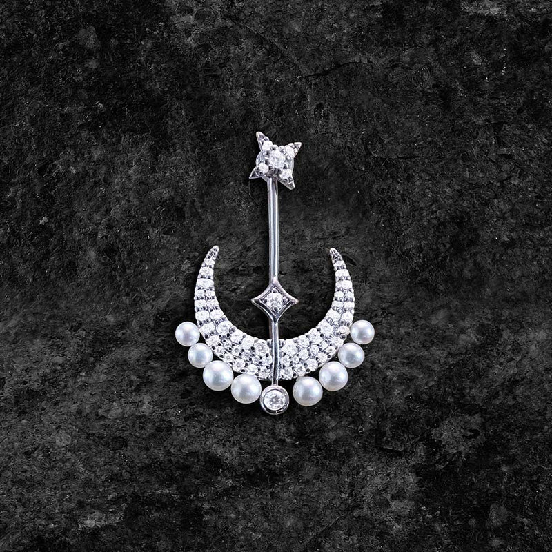 Single Moon & Stars Ear Jacket with Pearls -  Silver