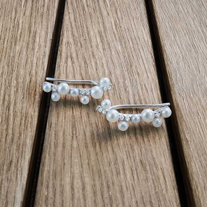 Pearl Climber Earrings - White Silver