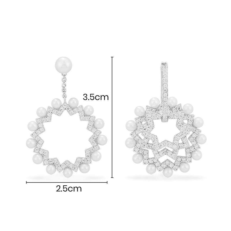 Asymmetric Sun Earrings with Pearls - White Silver