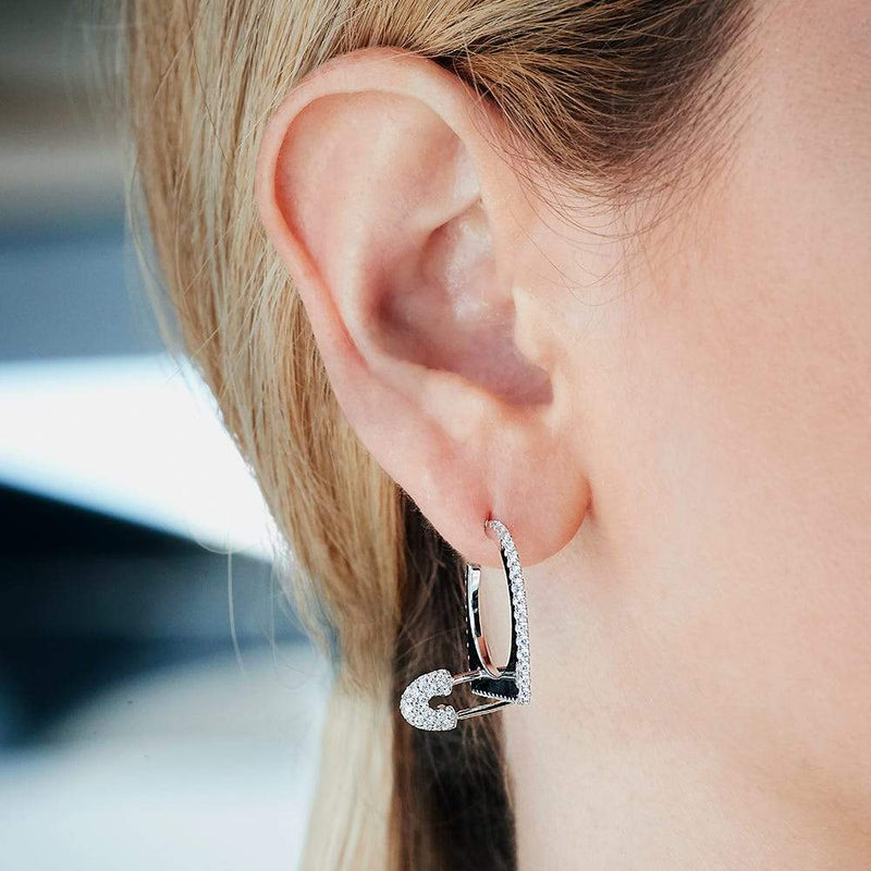 Single Safety Pin Hoop Earring - White Silver