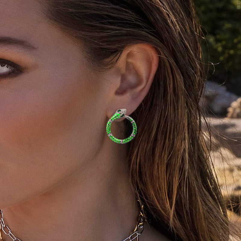 Neon Green Serpent Round Earrings - White Silver